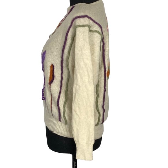 ISLE OF SKYE Women Lambs Wool Embroidered Sweater Sz M Ivory Crew Neck 8A-9 - Picture 4 of 12